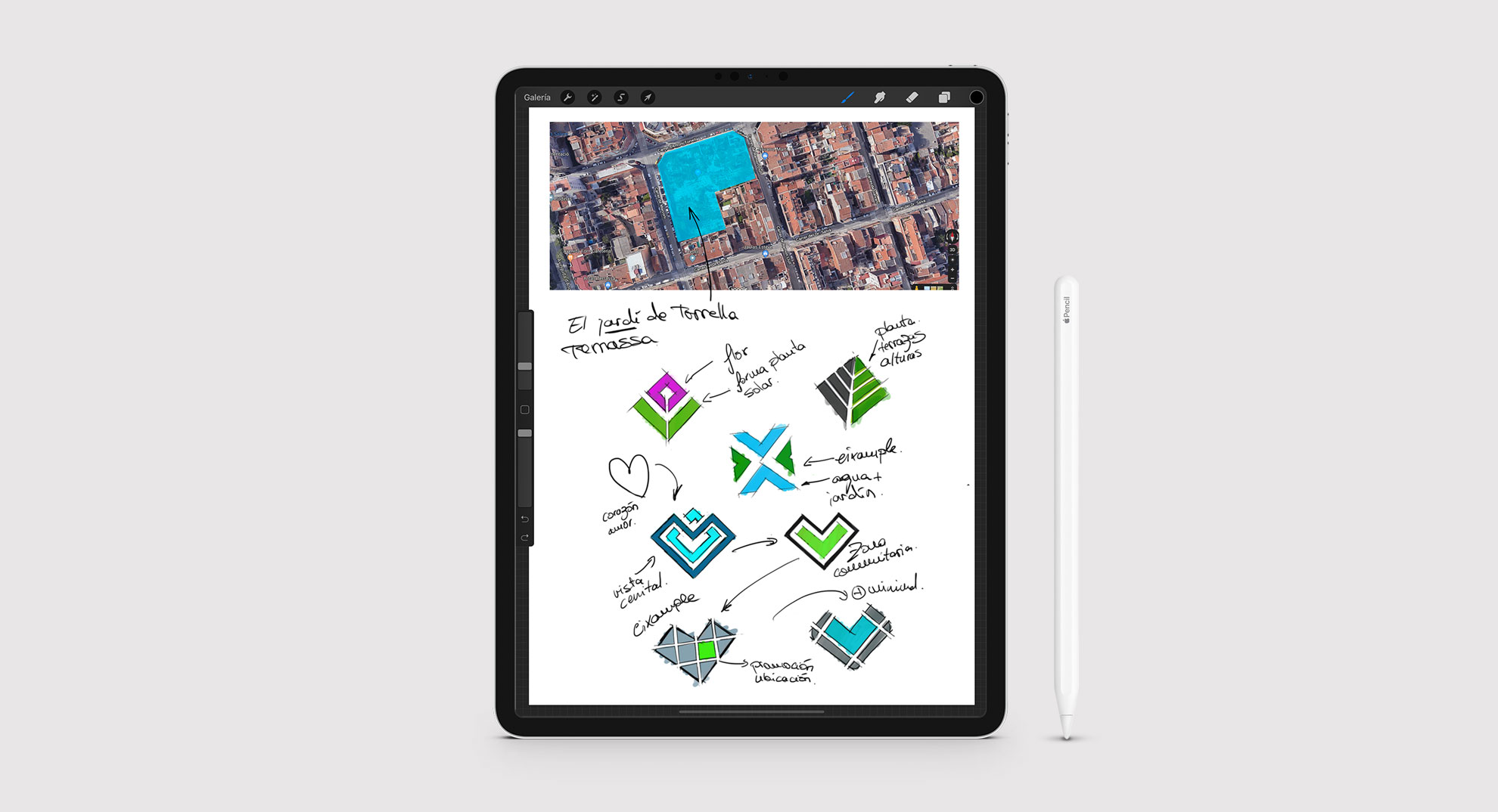 Diseño bocetos branding inmobiliaria en iPad